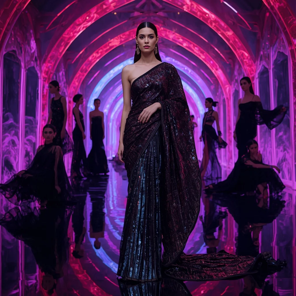 Obsidian Flame Festival Saree with RGB Crystal Infinity Galaxy Temple | Anime Ai Prompt