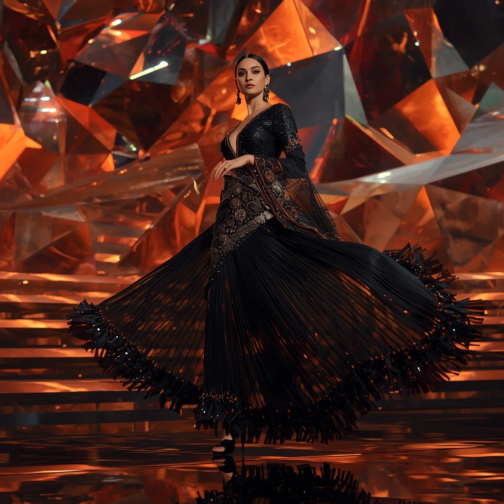 Obsidian Flame Mirror Saree with Floating Prism Stair Reflection Domes | Ai Prompt For Instagram