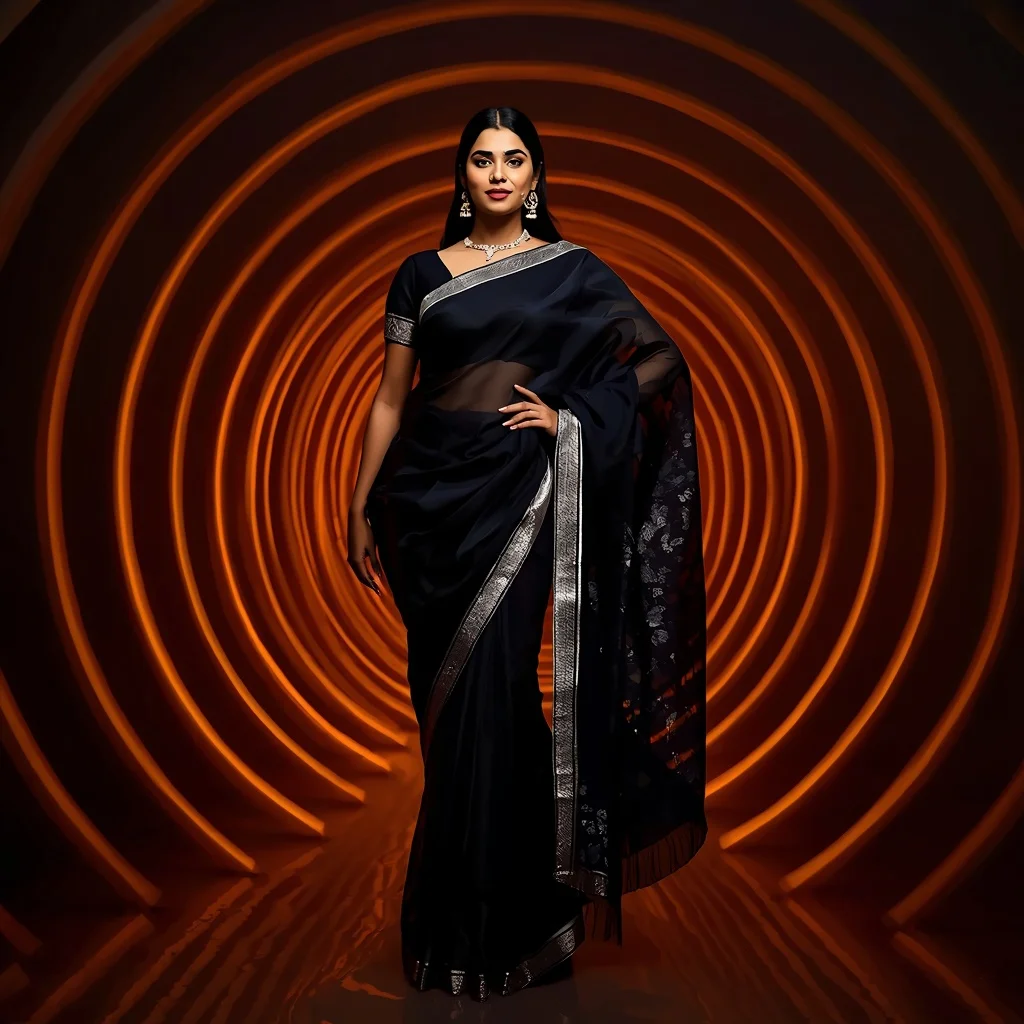 Obsidian Glass-Tissue Saree – Hand-on-Hip Gaze with Amber LED Rings | Prompt Trending Girl 2026