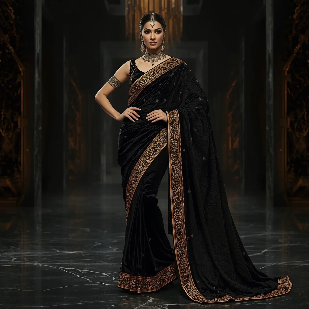 Obsidian Gold Black Void Inferno Saree – Dark Luxury Saree with Bold Pose and Void Inferno Hall Background | Prompt Gemini
