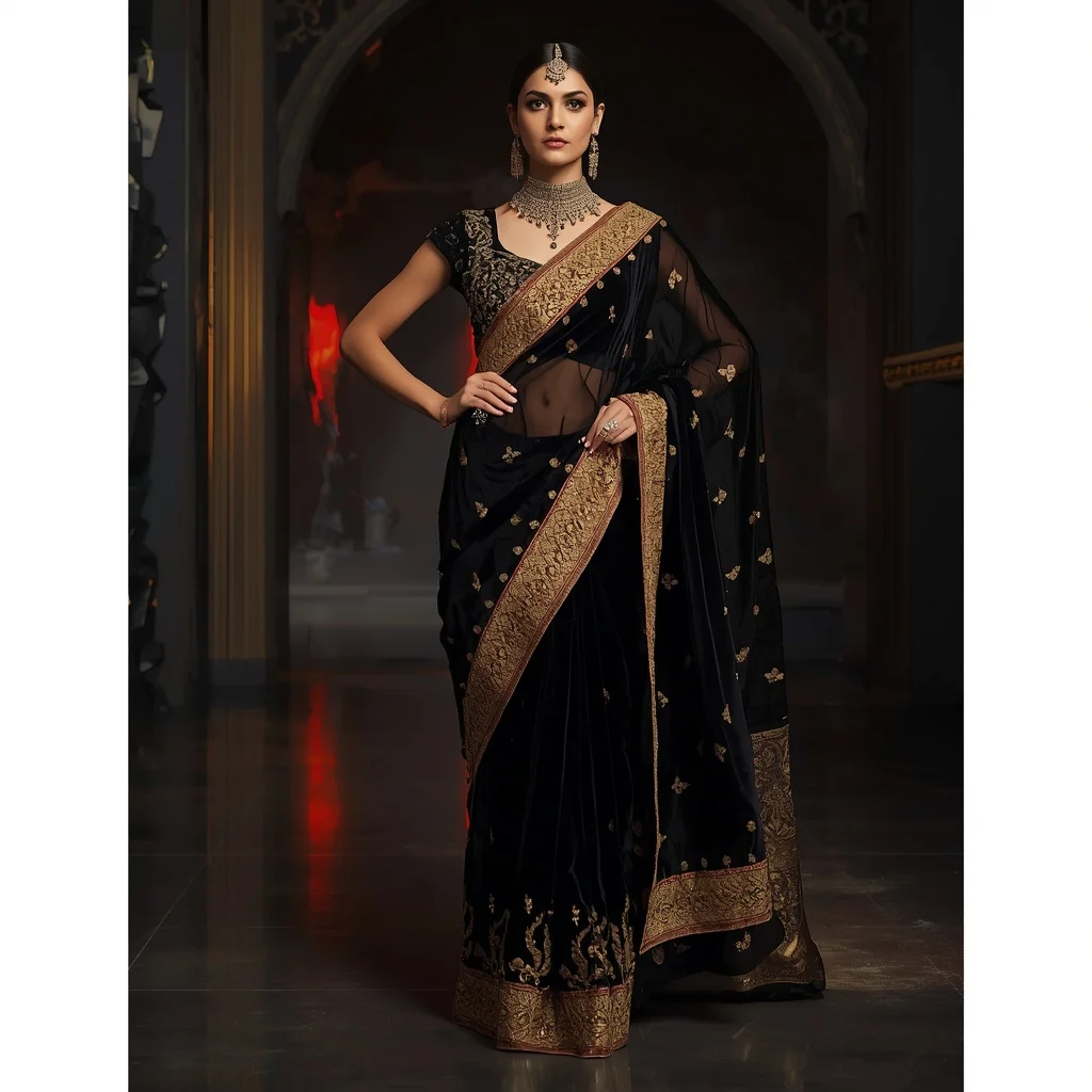 Obsidian Gold Voidflare Eclipse Saree – Dark Luxury Saree with Bold Pose and Voidflare Eclipse Hall Background | Prompt Seen Girl Photo Editing Chatgpt Aesthetic