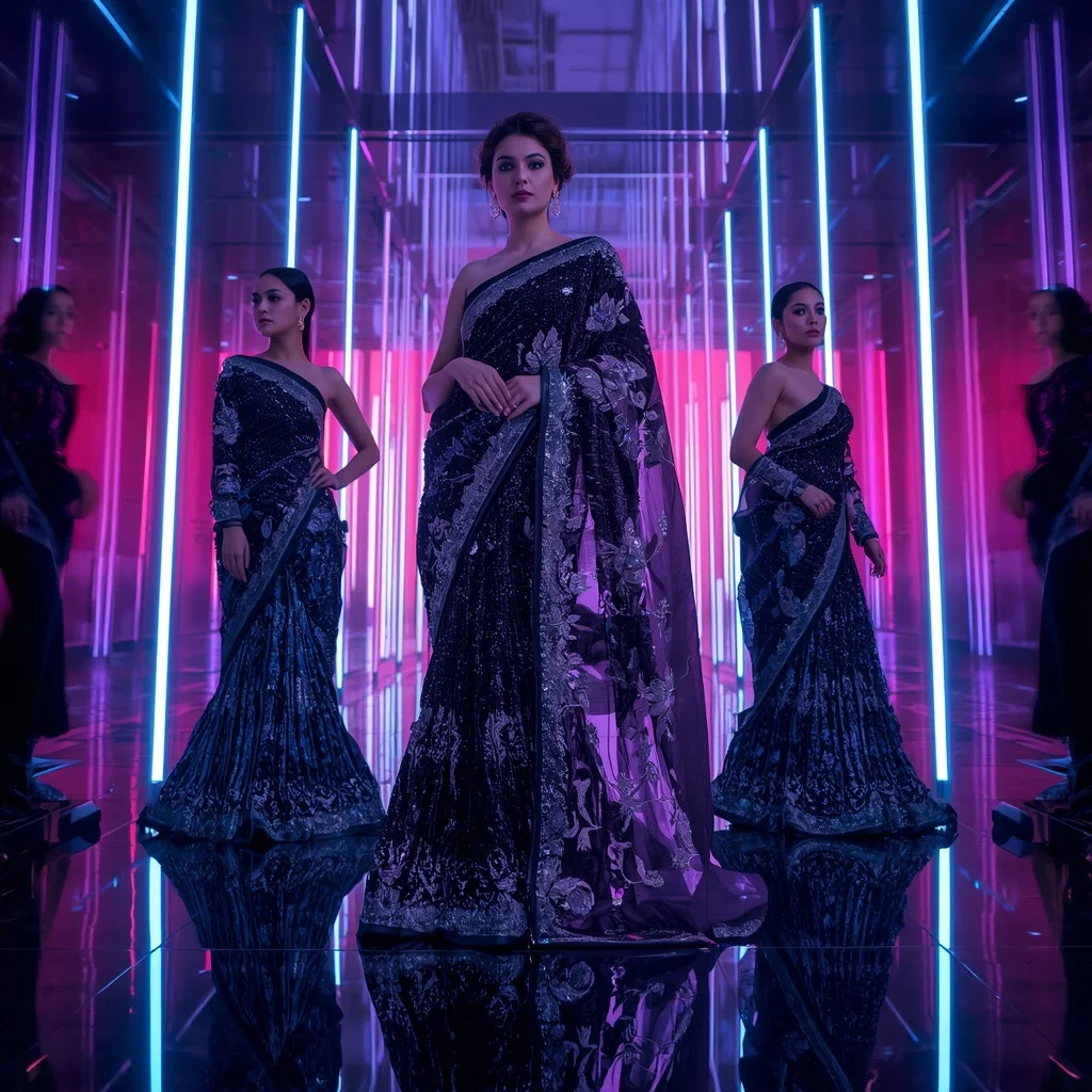 Obsidian Moon Prism Saree with Neon Reflection Sanctuary | Bridal Saree Ai Prompt