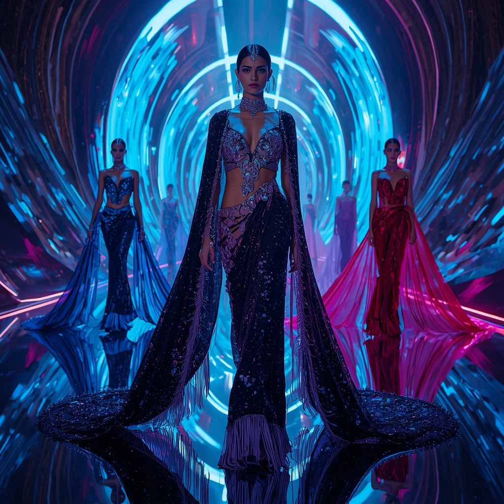 Obsidian Neon Storm Saree with Cosmic Fashion Motions and Infinity Reflection Palace | Gemini Ai Prompt Copy Paste