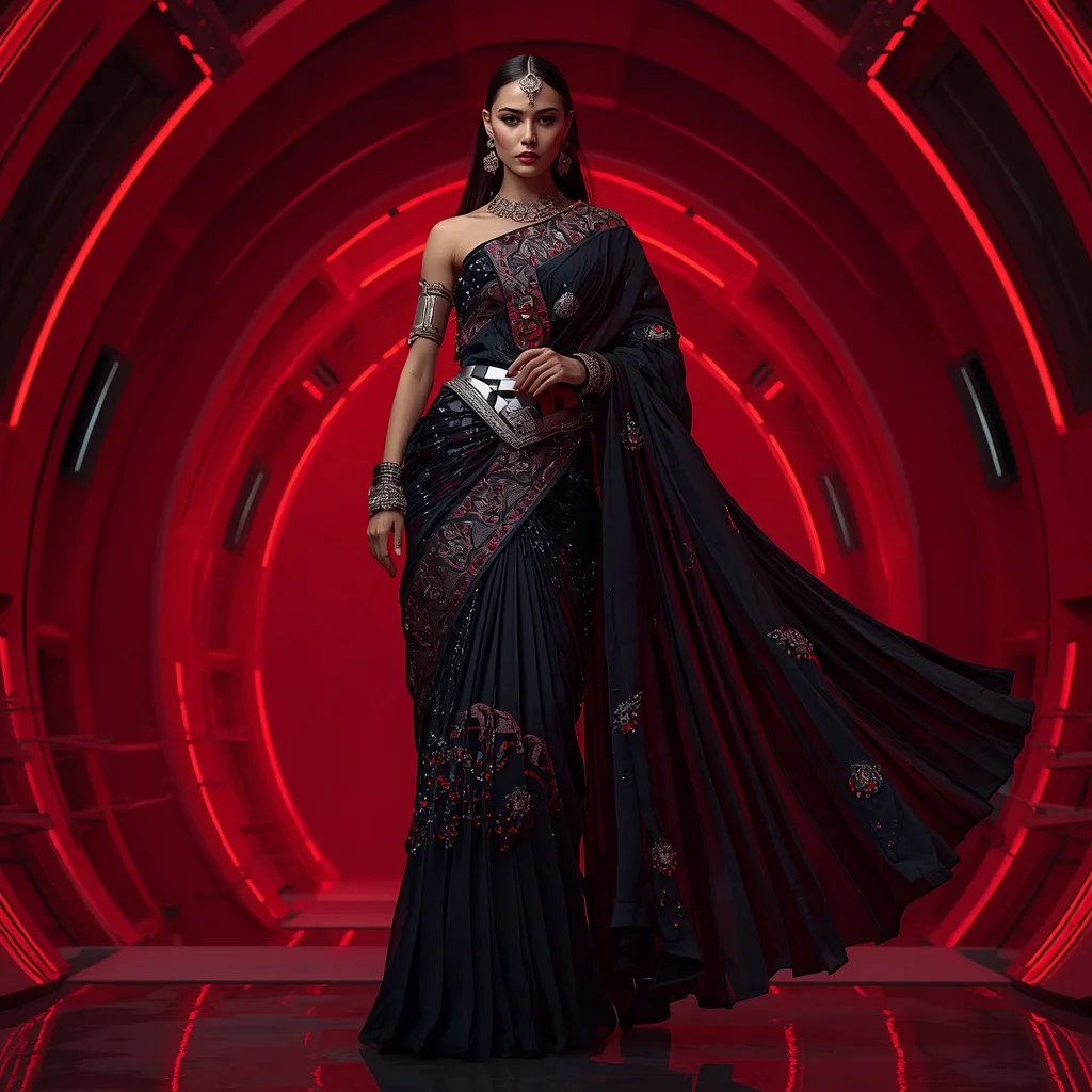 Obsidian Panther Royale Saree with Crimson Hypervault Citadel | New Instagram Trend Prompt For Girl