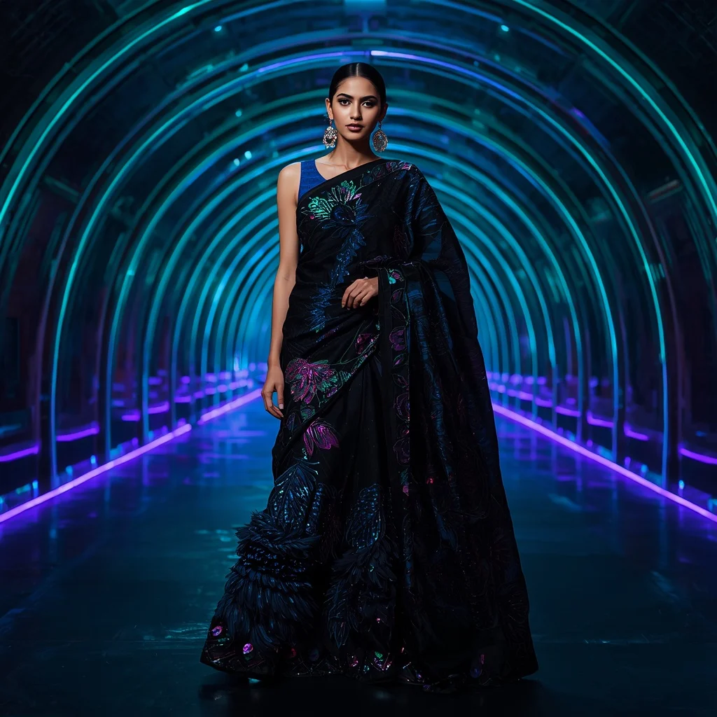 Obsidian Peacock Saree with Multi Pose Fashion Story and Prism Glow Hall | Saree Pose Ai Prompt For Image Generation
