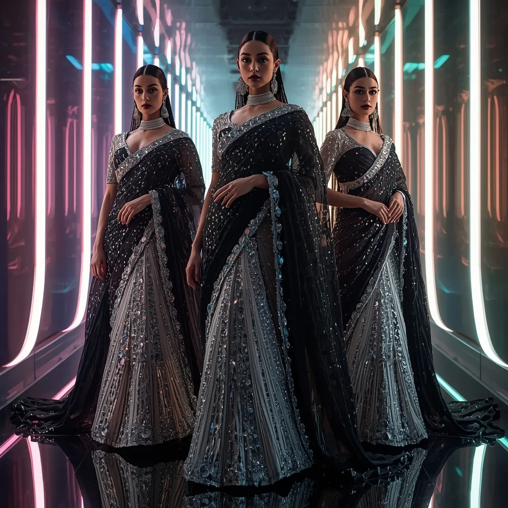 Obsidian Prism Designer Saree with Infinity Light Corridor | Ai Girl Image Prompt