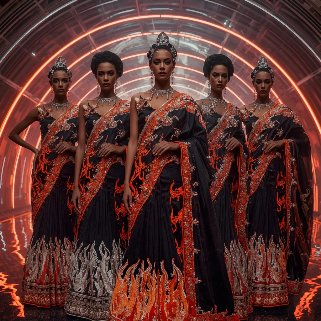 Obsidian Prism Flame Saree with Five Couture Poses and Infinity Neon Dome | ChatGPT Ai Prompt