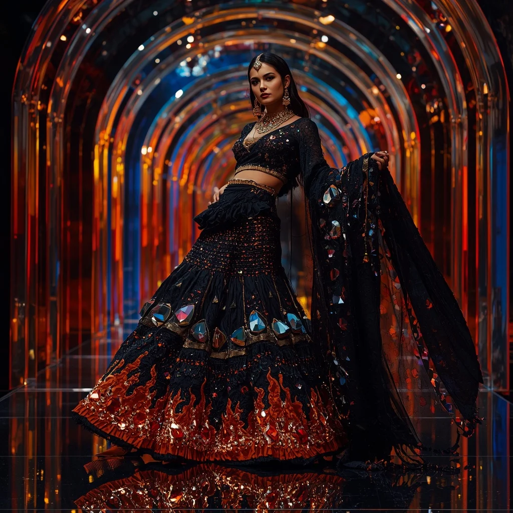 Obsidian Prism Flame Saree with RGB Infinity Empire | Gym Influencer Ai Prompt