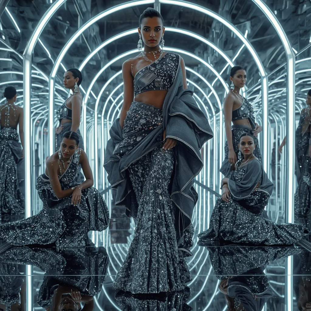 Obsidian Prism Thunder Saree with Curved Mirror Corridor | Character Design Ai Prompt