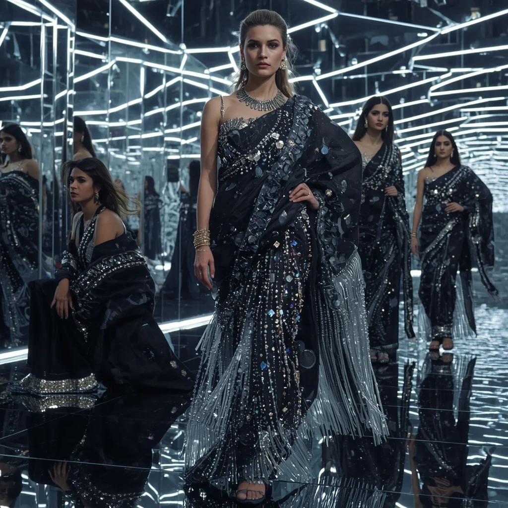 Obsidian Prism Thunder Saree with Curved Mirror Infinity Citadel | Prompt Seen Girl Photo Editing Chatgpt Aesthetic