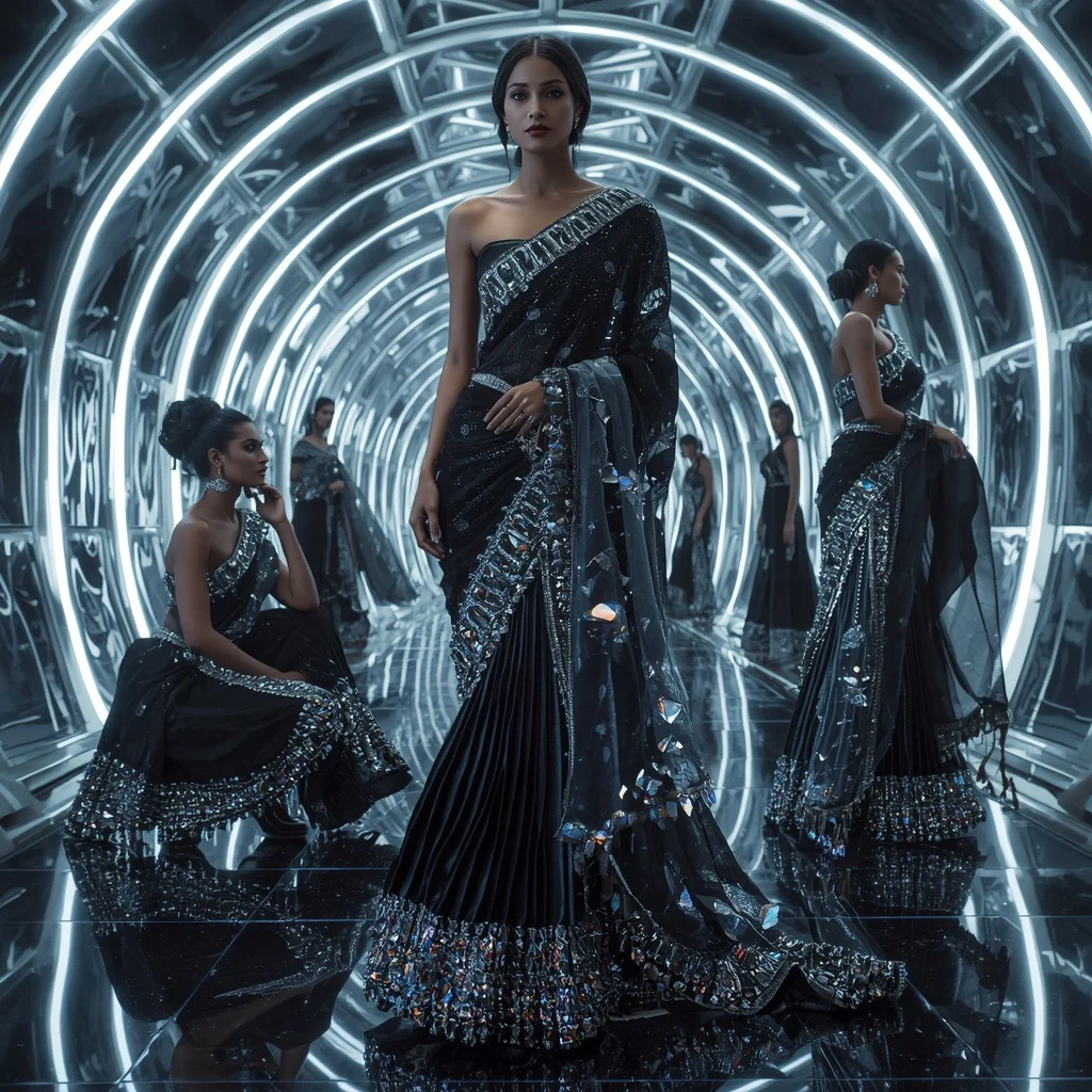 Obsidian Prism Thunder Saree with Curved Mirror Infinity Orbit Palace | New Instagram Trend Prompt For Girl And Boy Aesthetic