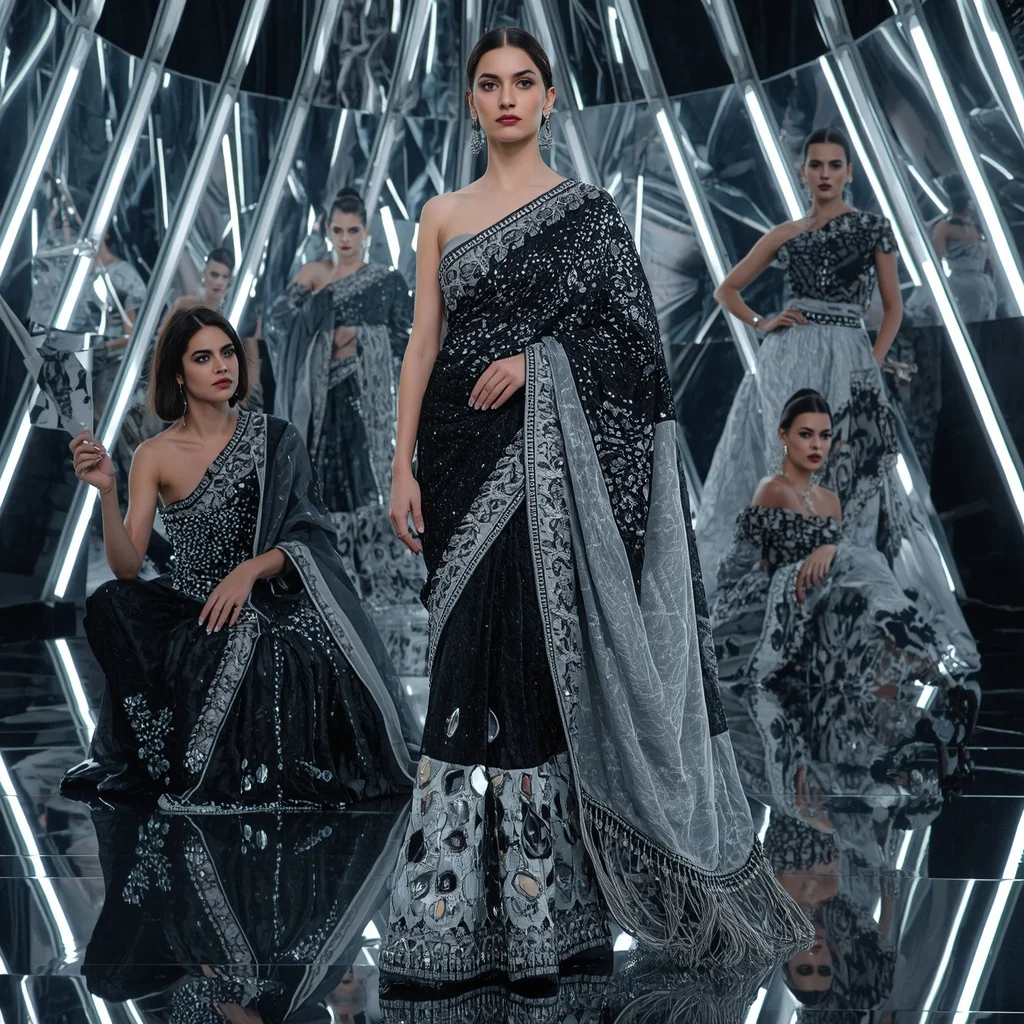 Obsidian Prism Thunder Saree with Curved Mirror Infinity Orbit Palace | Ultra Realistic Ai Prompt