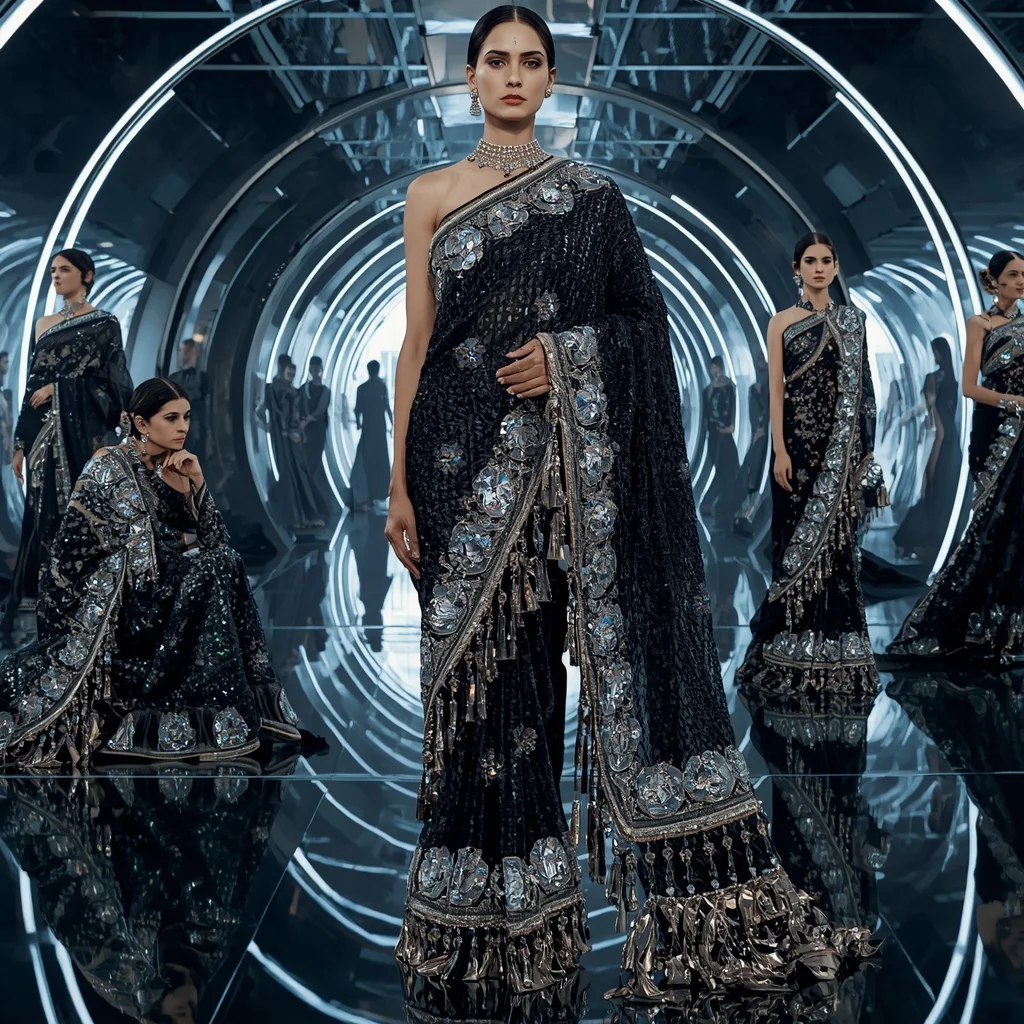 Obsidian Prism Thunder Saree with Curved Mirror Infinity Temple | Aesthetic Ai Prompt