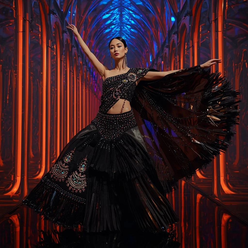 Obsidian Prism Thunder Saree with RGB Infinity Cathedral | Midjourney Prompt List