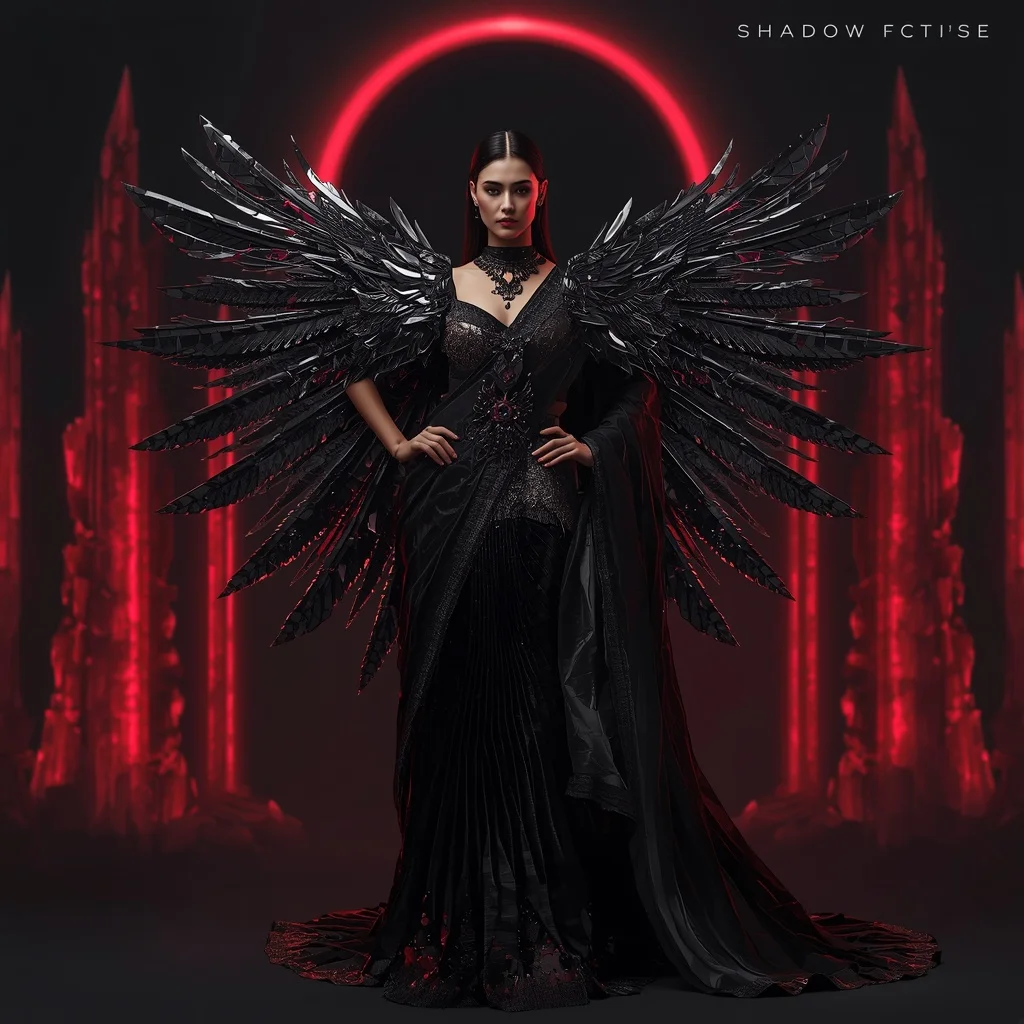 Obsidian Raven Warrior Saree with Crimson Crystal Towers and Shadow Eclipse Citadel | Gemini Prompt