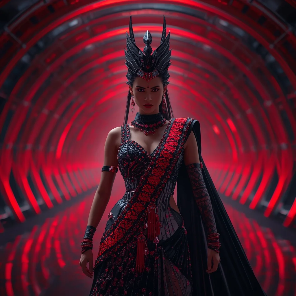 Obsidian Serpent Crown Saree with Crimson Hypervault Fortress | Girl Prompt