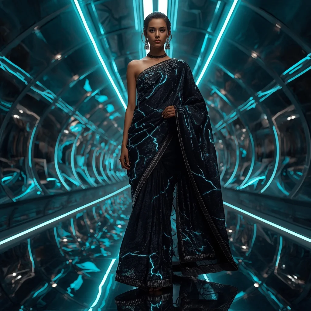 Obsidian Thunder Crystal Saree with Eighteen Dynamic Poses and Futuristic Orbit Universe | Instagram Photography Ai Prompt