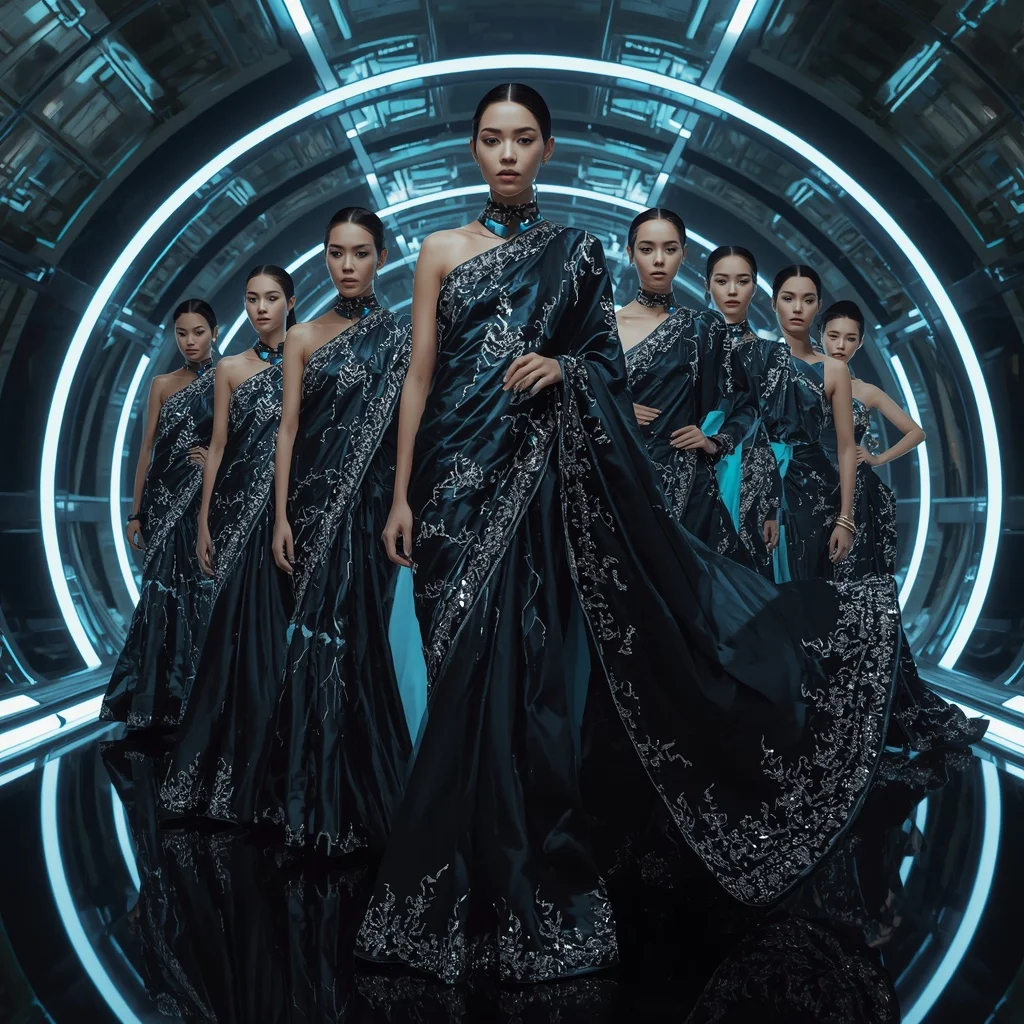 Obsidian Thunder Crystal Saree with Seven Dynamic Poses and Futuristic Orbit Palace | Prompt Engineering