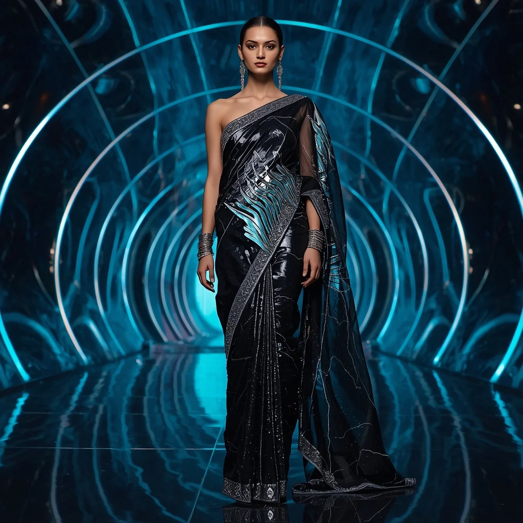 Obsidian Thunder Omnipotent Saree with Fifty Dynamic Poses and Futuristic Orbit Eternity Realm | Modern Design Ai Prompt
