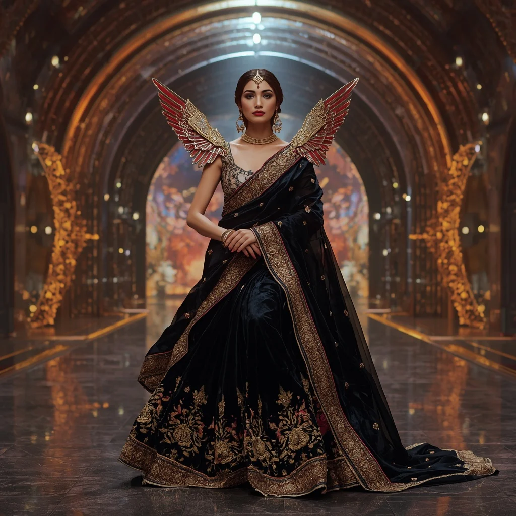 Obsidian Velvet Opal Saree with Solar Arc Imperial Aurora Dominion | Desi Girl Ai Prompt