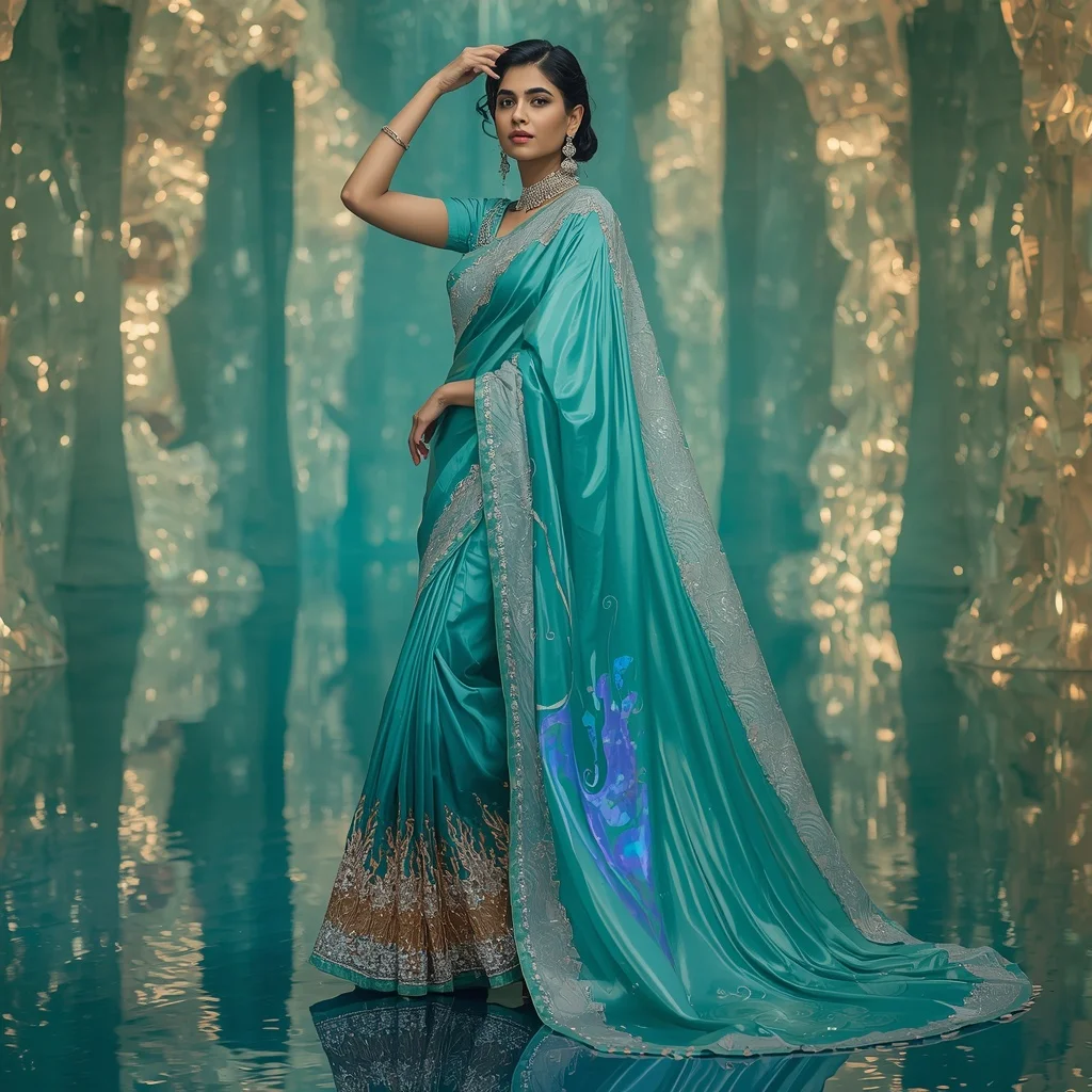 Ocean Prism Inferno Saree – Luxury Modern Saree with Side Twirl Pose and Aqua Inferno Crystal Palace Background | Editing Prompt Girl Aesthetic