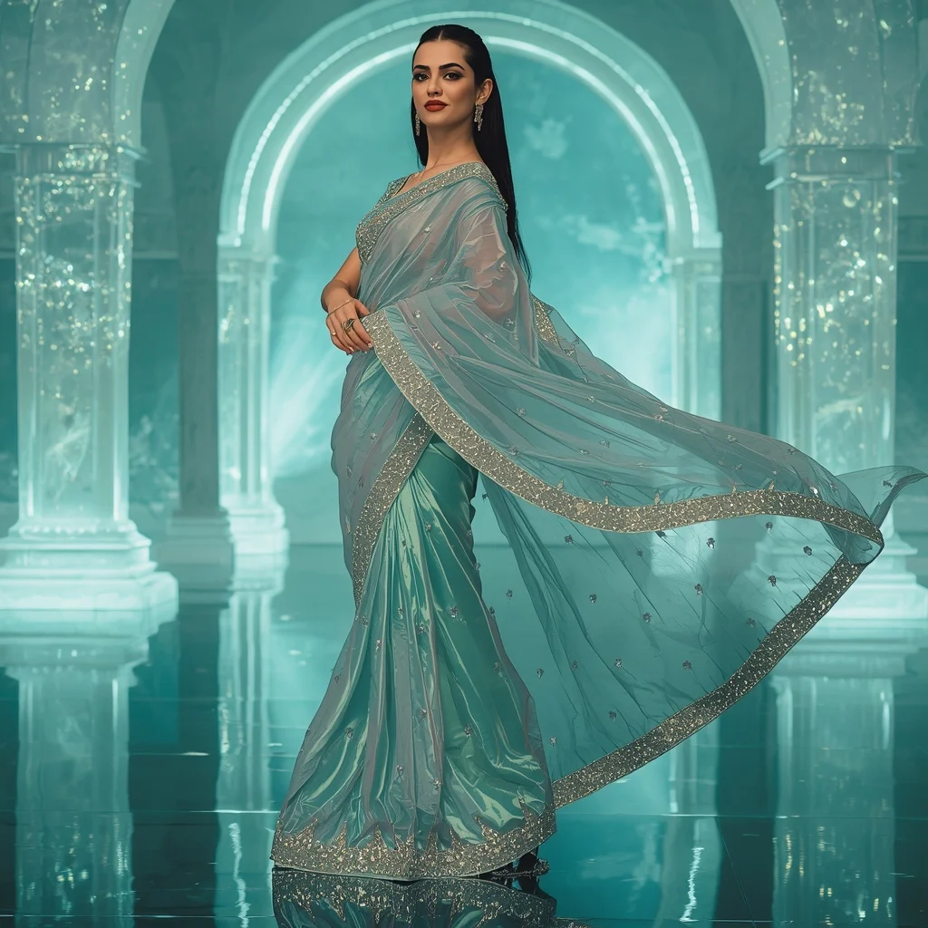Ocean Prism Meteor Saree – Luxury Modern Saree with Side Twirl Pose and Aqua Meteor Crystal Palace Background | Pre Wedding Ai Prompt