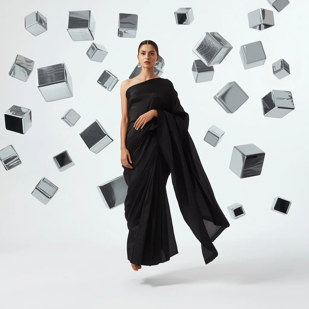 Onyx Micro-Pleat Saree – Levitation Pose with Floating Geometric Cubes | Ai Art Prompt