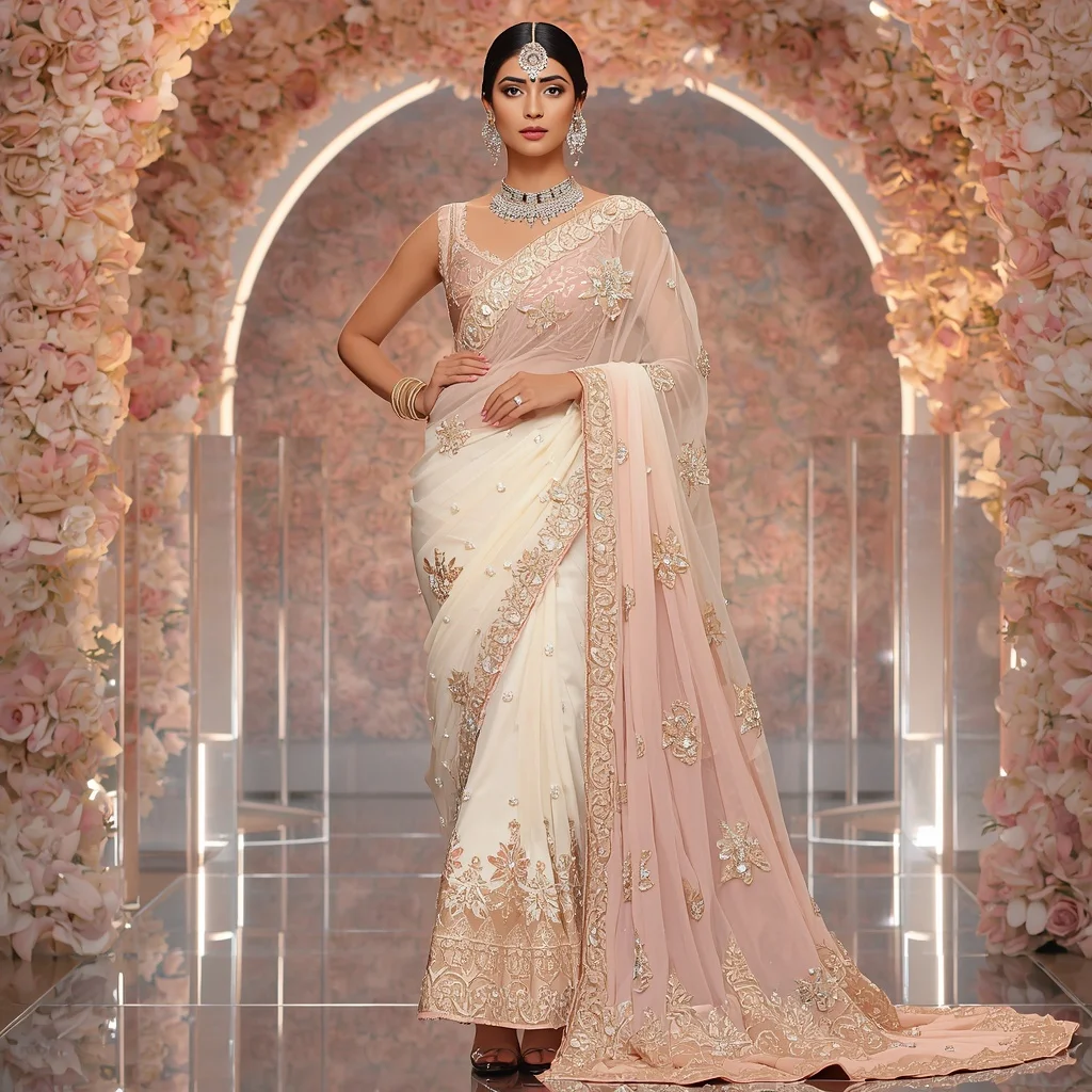 Opal Bloom Maharani Saree with Prism Floral Infinity Sanctuary | Prompt Gemini Ai