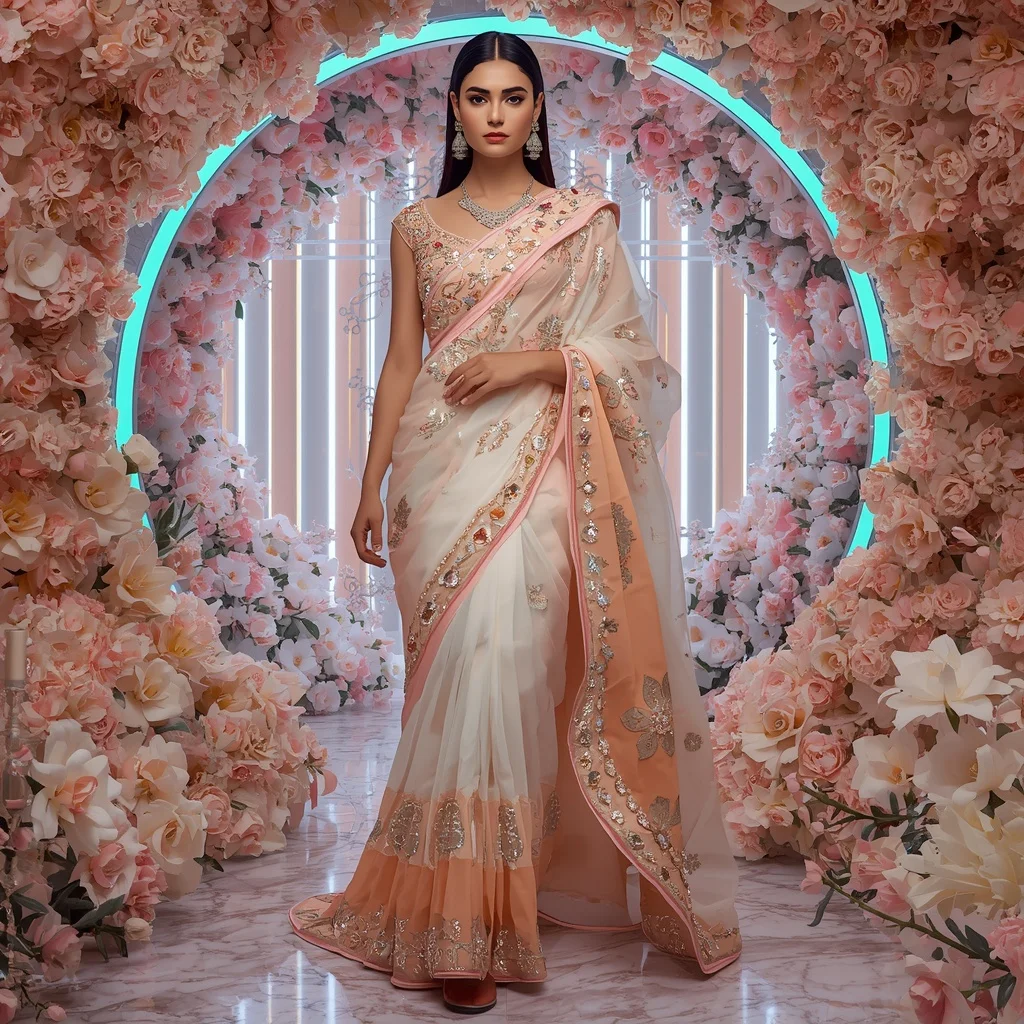 Opal Blossom Dynasty Saree with Prism Floral Infinity Sanctuary | Prompt Seen Girl Photo Editing Chatgpt Download