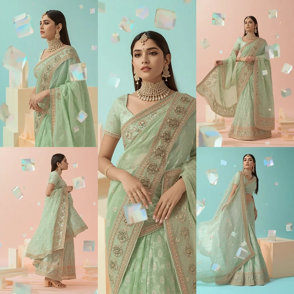 Opal Geometric Cubes Complex Festive Saree Look Premium | Gemini Ai Photo