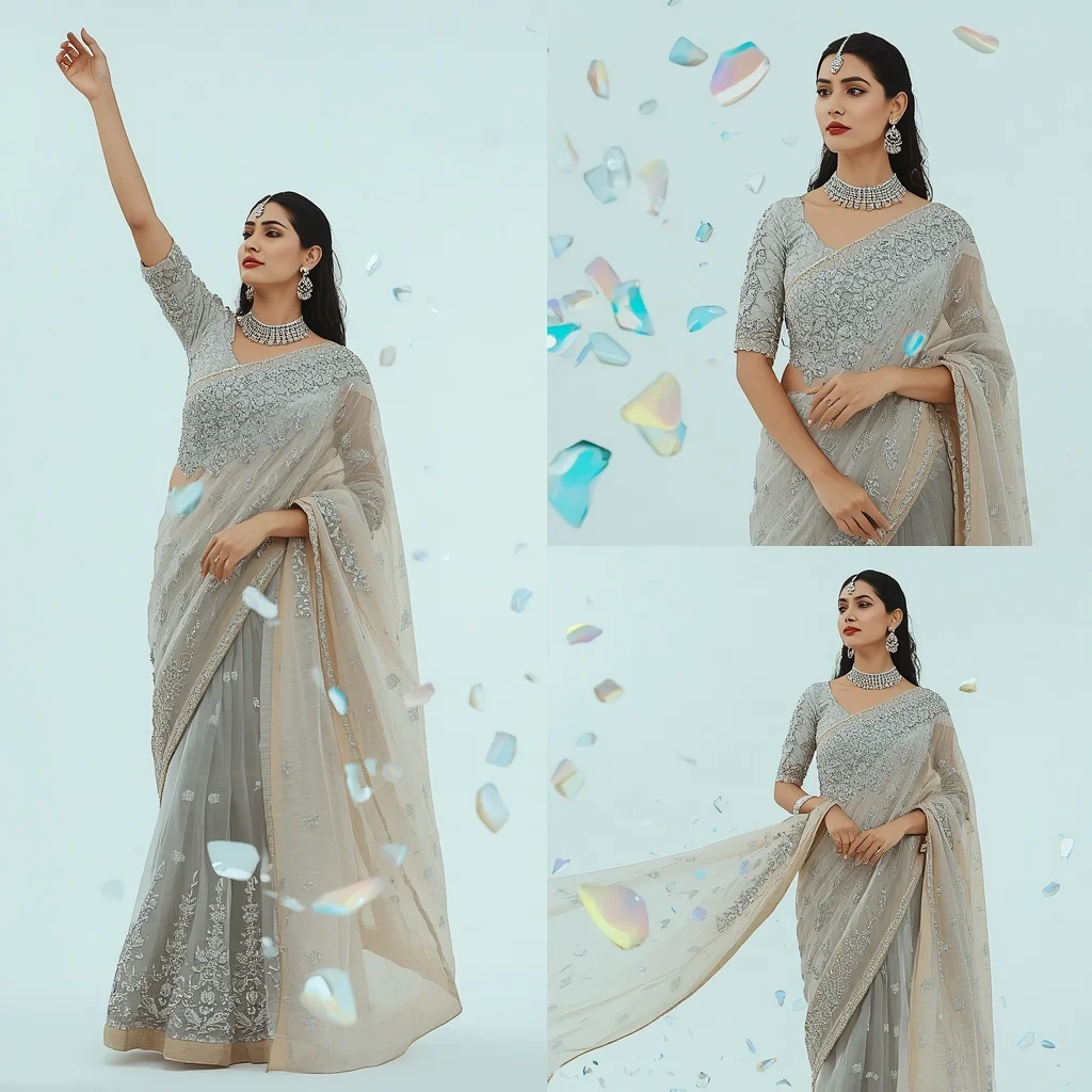 Opalescent Sea Glass Heavy Festive Saree Multicolor Theme | Makeup Ai Prompt