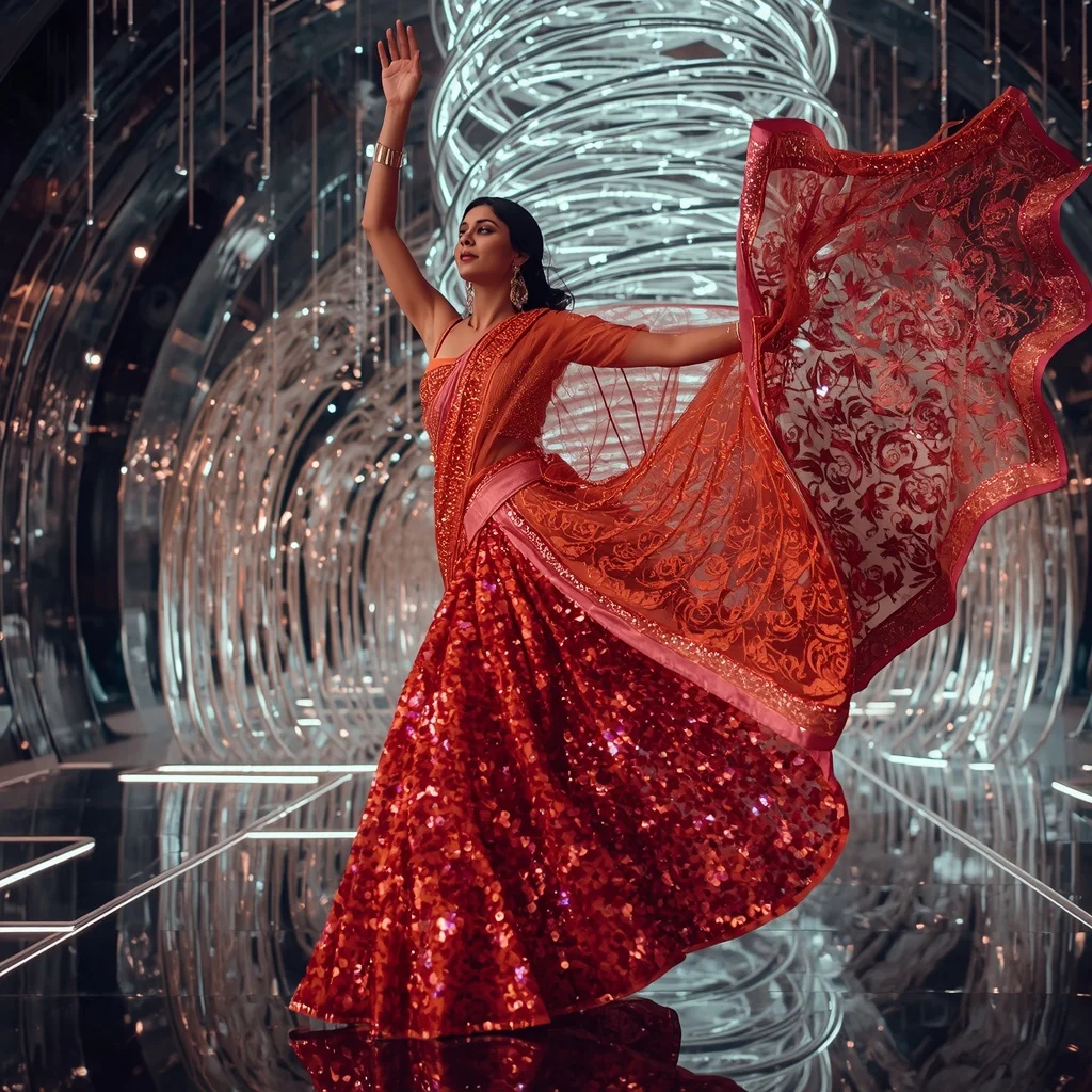 Opaline Flame Vortex Saree with Crystal Spiral Atrium | Prompt Generator