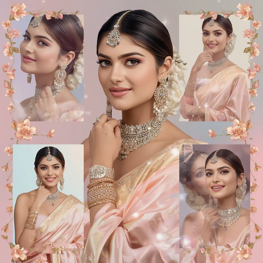 Opulent Crystal Bloom Pastel Saree Indian Woman Luxury Collage | New Viral Prompt