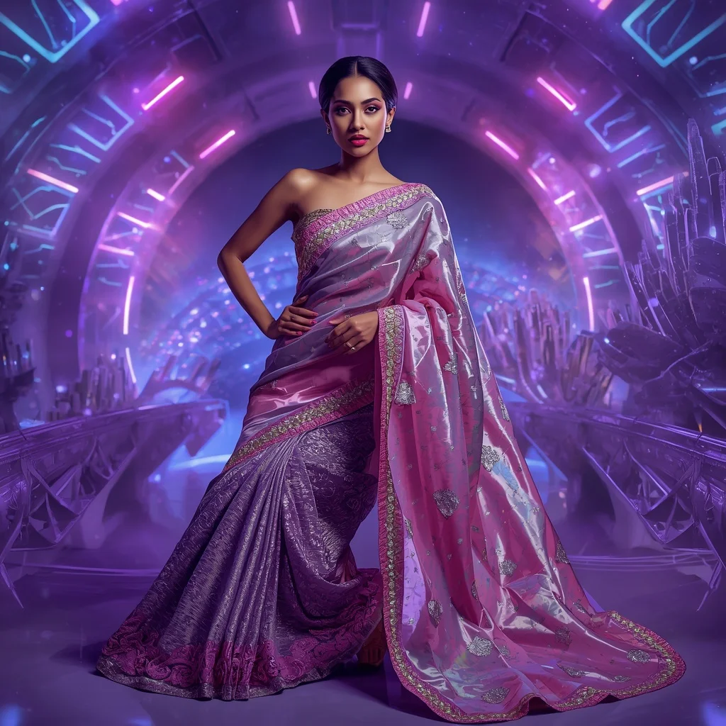 Orchid Aurora Infinity Saree with Neon DNA Crystal Galaxies | Text To Image Prompt
