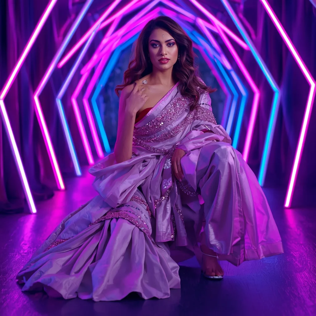 Orchid Aurora Royale Saree with Infinity Neon DNA Tunnel | Saree Ai Prompt