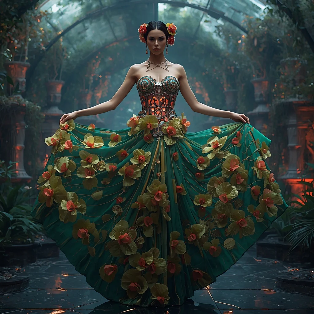 Organic Techno Bloom Saree with Living Machine Flowers | Woman Pose Ai Prompt