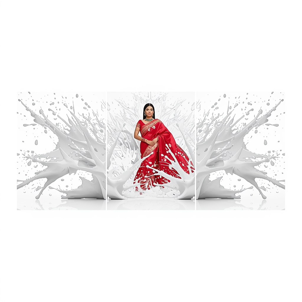 Overexposed White Paint Splatter Matrix Strip | Saree Photoshoot Prompt Ultra Realistic