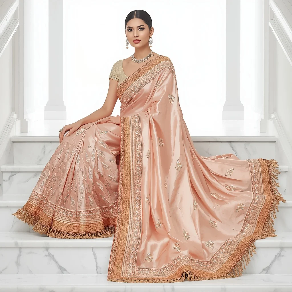 Pale Rose Gold Tissue Silk with Chunky Glass Stonework | Elegantly Sitting on Steps Pose | Character Design Ai Prompt