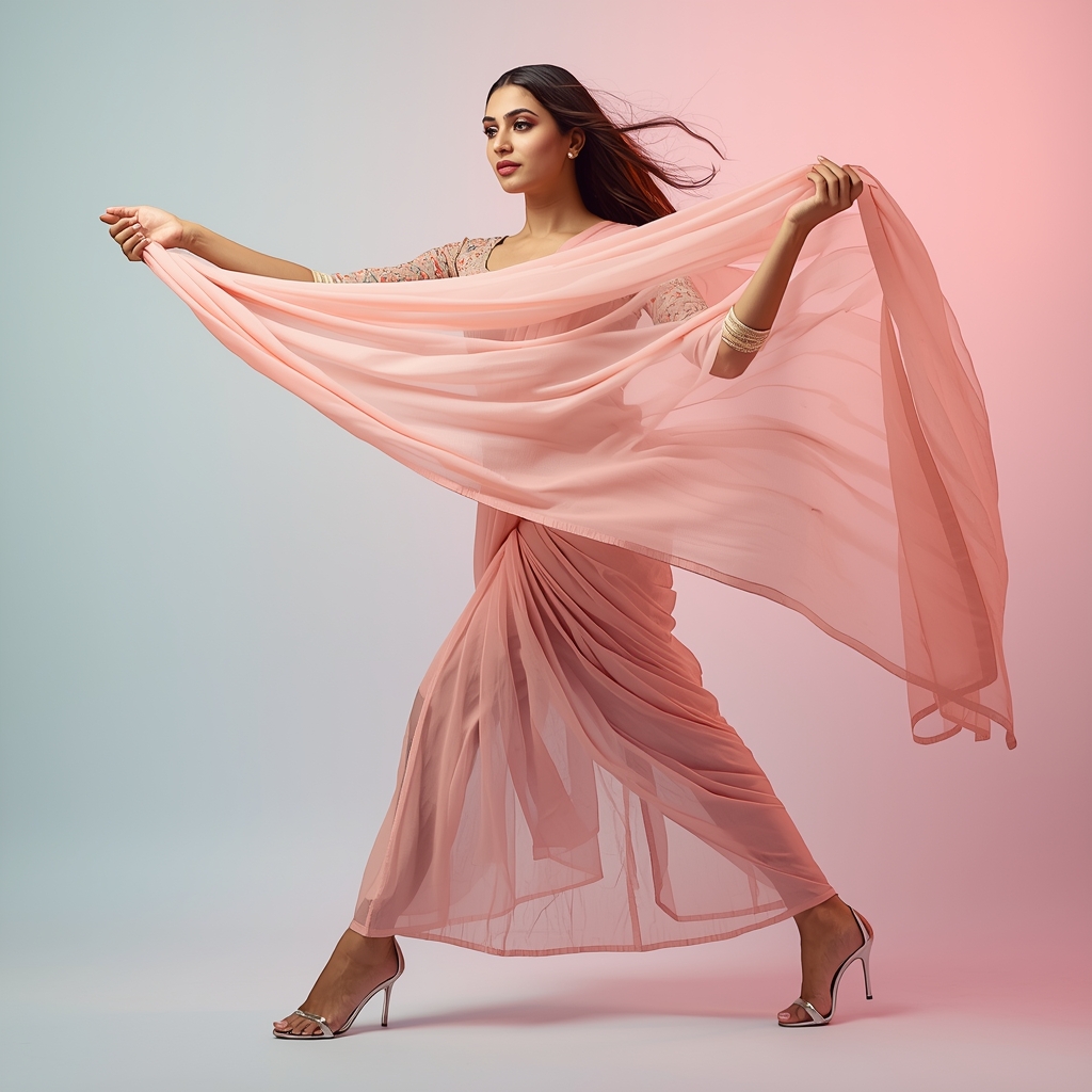 Pastel Festive Girl Forward Spiral Step Dupatta Wrap Pose | Ai Image Generator Prompt