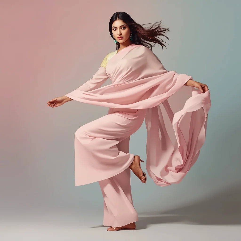 Pastel Festive Girl Overlap Step Twist Dupatta Motion Pose | Influencers Ai Prompt