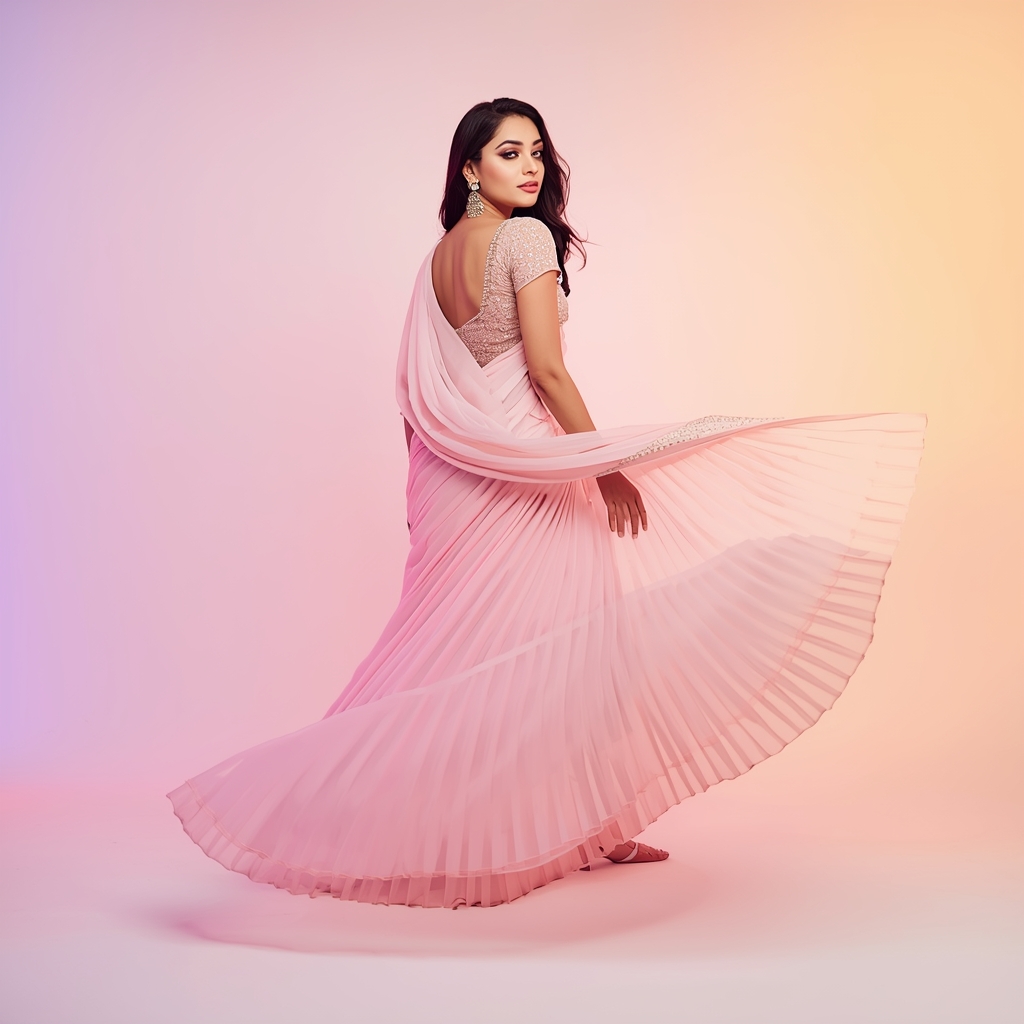 Pastel Festive Girl Soft Reverse Curve Walk Dupatta Drift Pose | Wedding Saree Ai Prompt