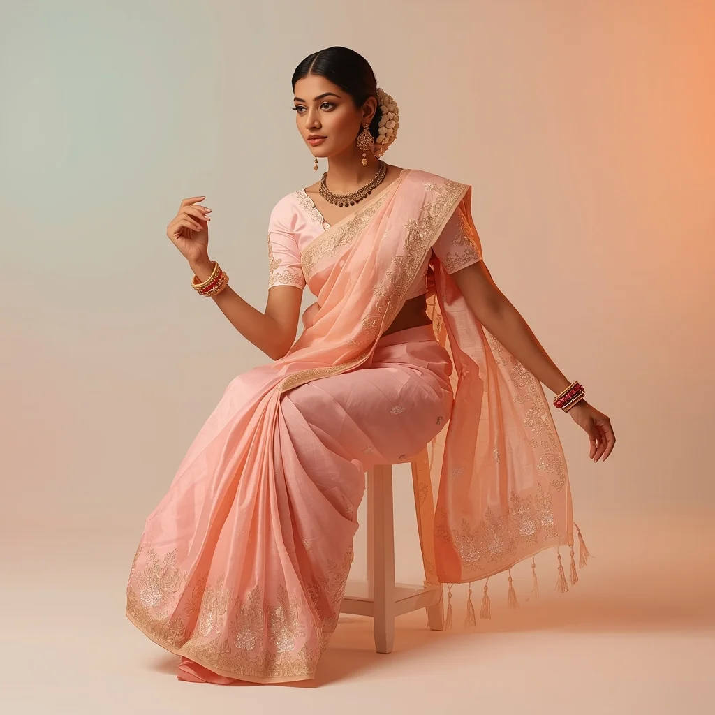 Pastel Festive Saree Woman Half Sit Rise Elegant Pose | Gemini Ai Saree Prompt