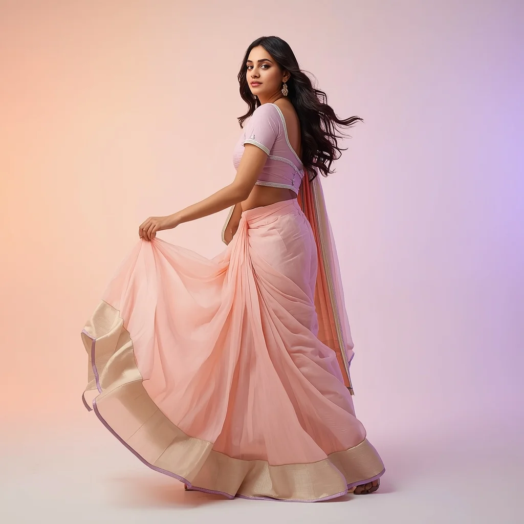 Pastel Indian Girl Gentle Half Circle Turn with Flowing Saree Pose | Gemini Saree Prompt Photo