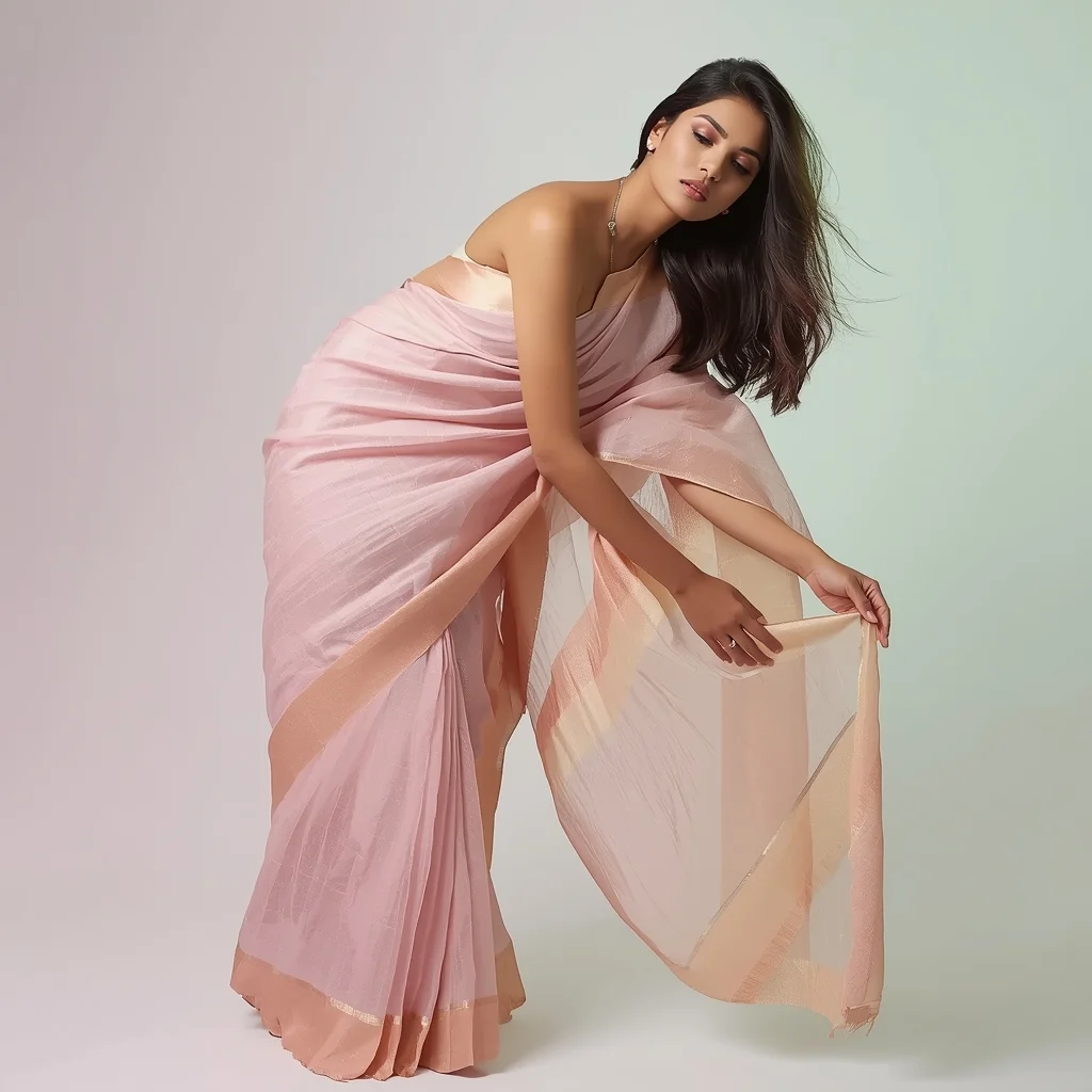 Pastel Indian Girl Gentle Lean Side Fabric Flow Pose | Prompt Engineering
