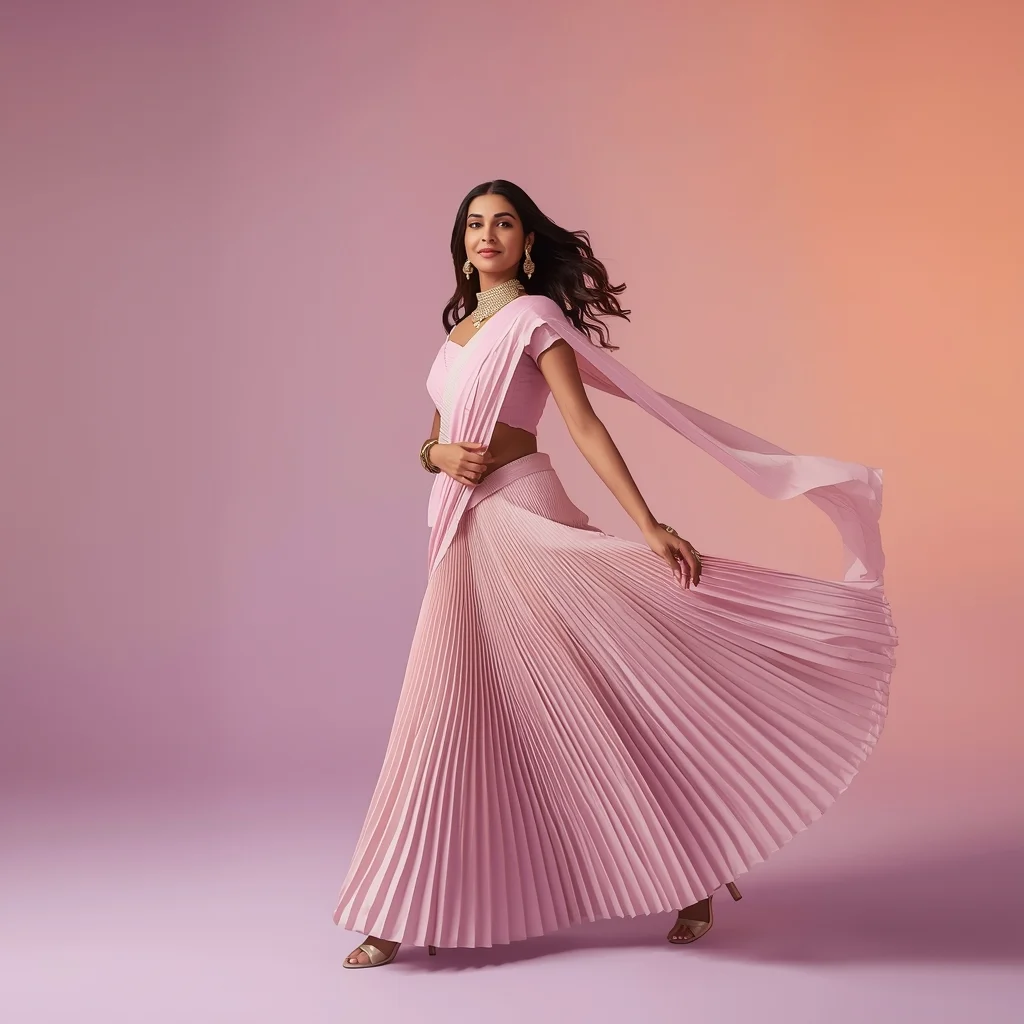 Pastel Indian Girl Slow Circle Walk with Dupatta Trail Pose | Saree Girl Ai Prompt