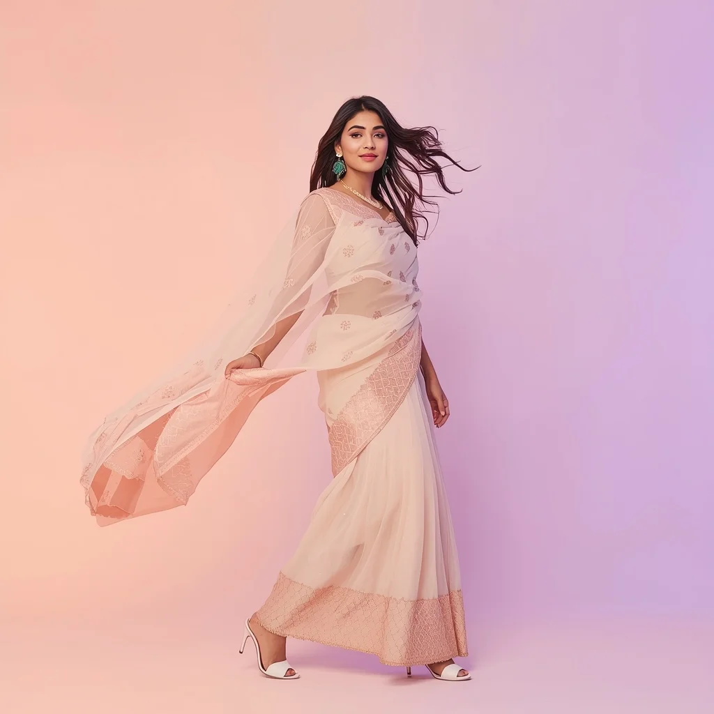 Pastel Indian Girl Slow Circle Walk with Dupatta Trail Pose | Saree Prompt For Girls
