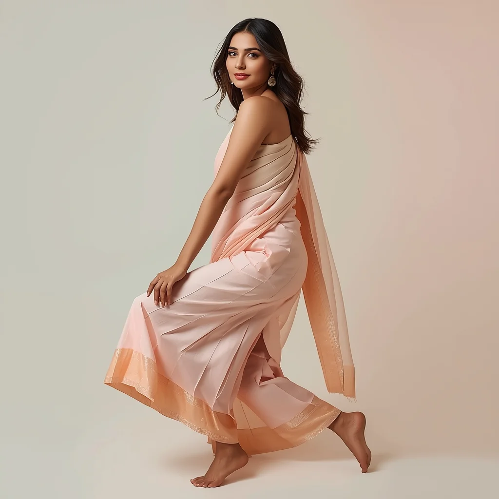 Pastel Indian Girl Soft Knee Turn Elegant Balance Pose | Indian Saree Ai Prompt