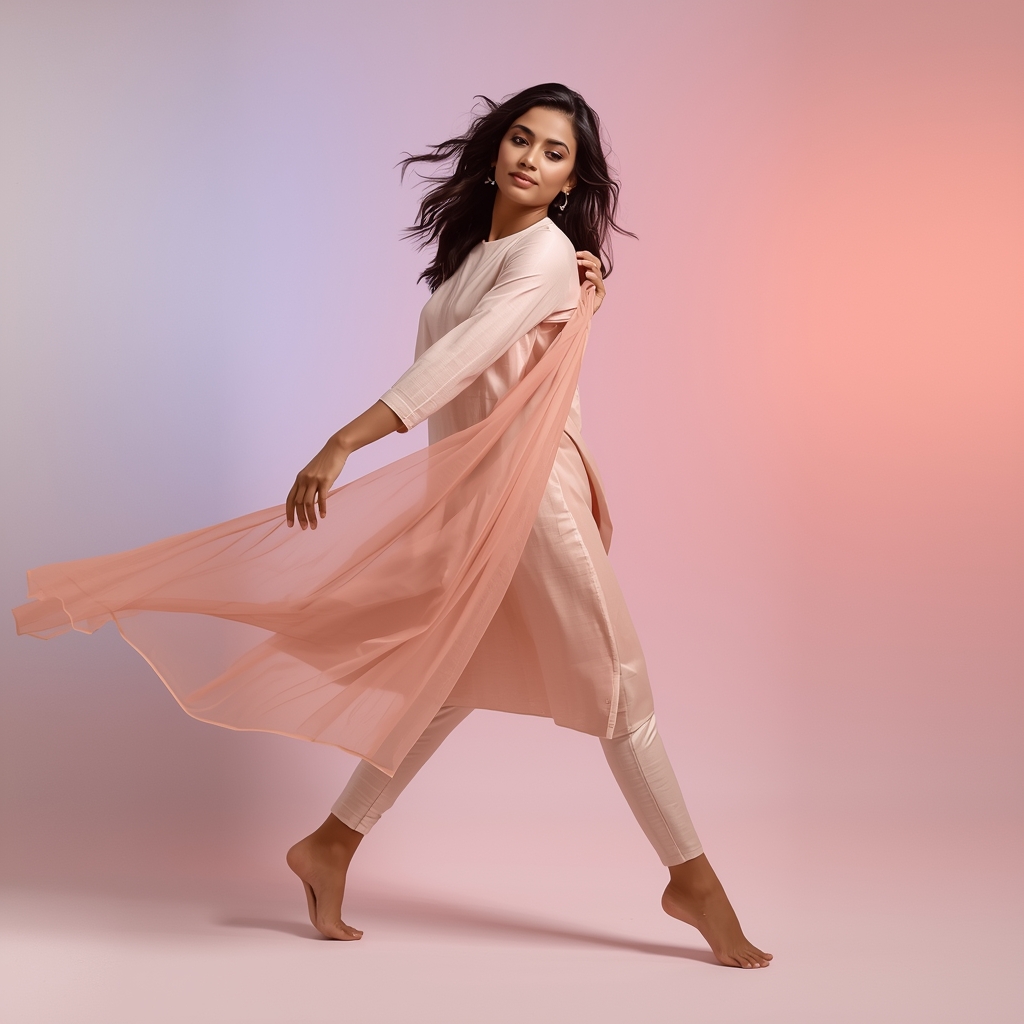 Pastel Kurta Set Girl Soft Pivot Step Natural Flow Pose | Gemini Ai Photo Prompt Copy Paste