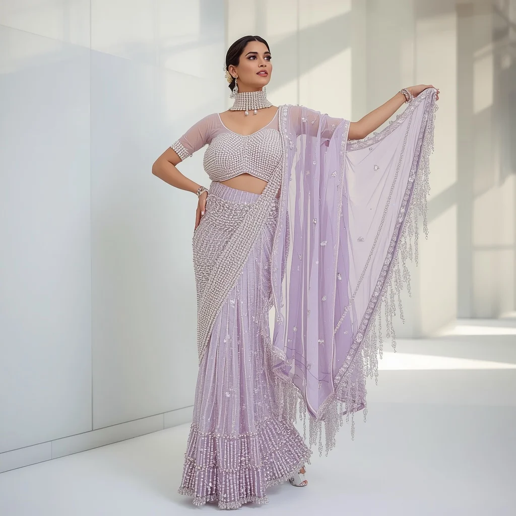 Pastel Lilac Massive Pearl Corset & Crystal Drape Saree | Dramatic Pallu Drop Pose | Fashion Ai Prompt