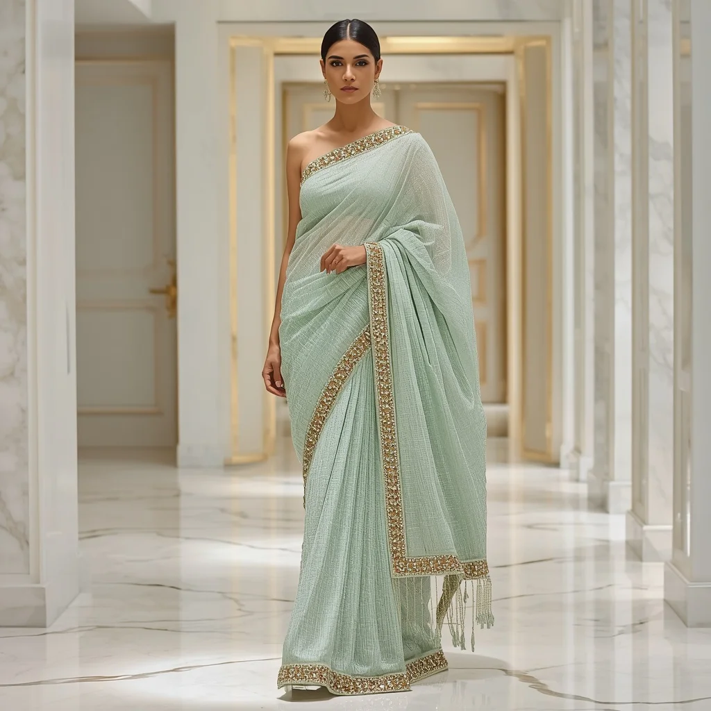 Pastel Mint Dense Glass-Bead & Mirror Designer Saree | Confident Walking Pose High-Clarity | Prompt For Girls Trending